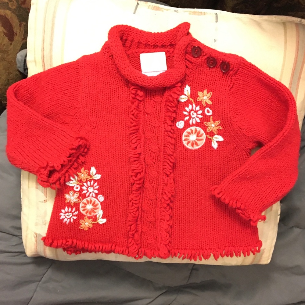 🎈2/$15 Red knit sweater with appliqué flowers & looped fringe trims 12 months EC